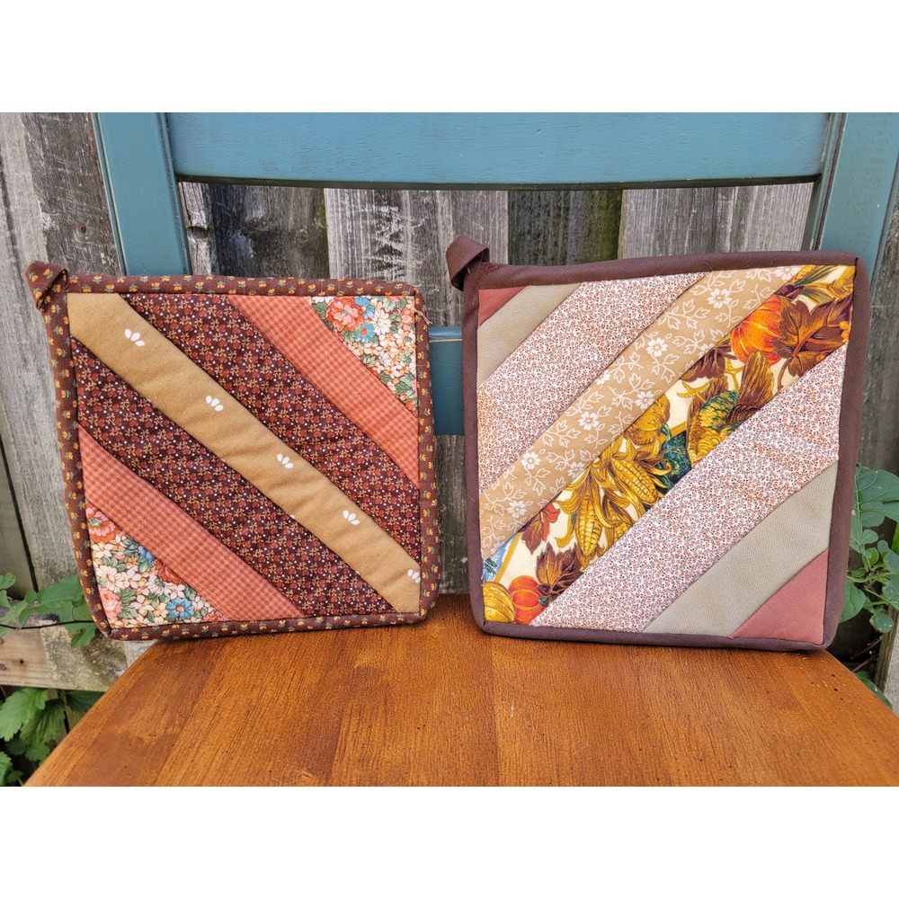 Vintage Potholders Set 2 Brown Multi Excellent Quilted Patchwork Autumn